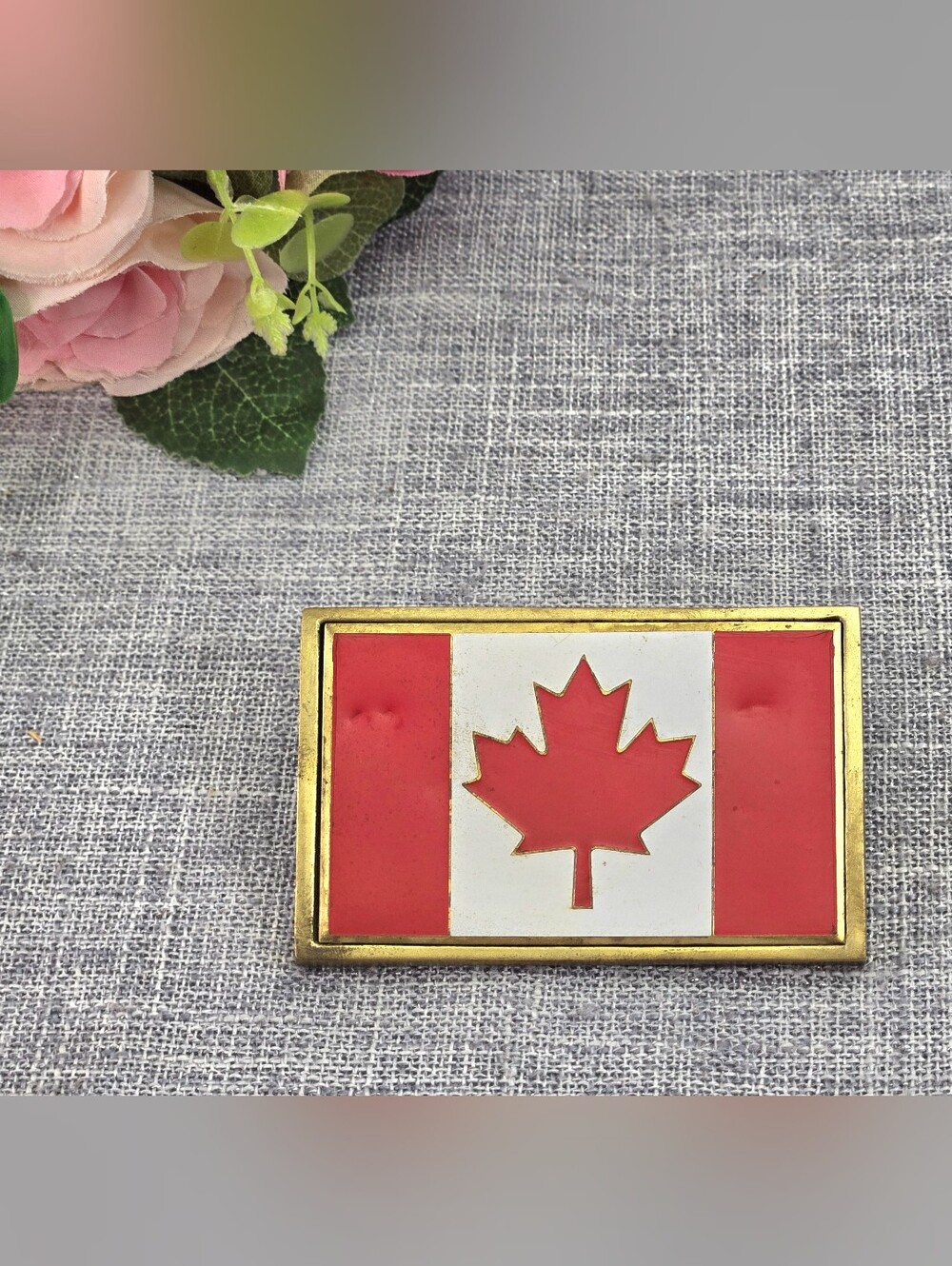 Vintage Solid Brass Canada Flag Belt Buckle Enamel Maple Leaf Patriotic Patina